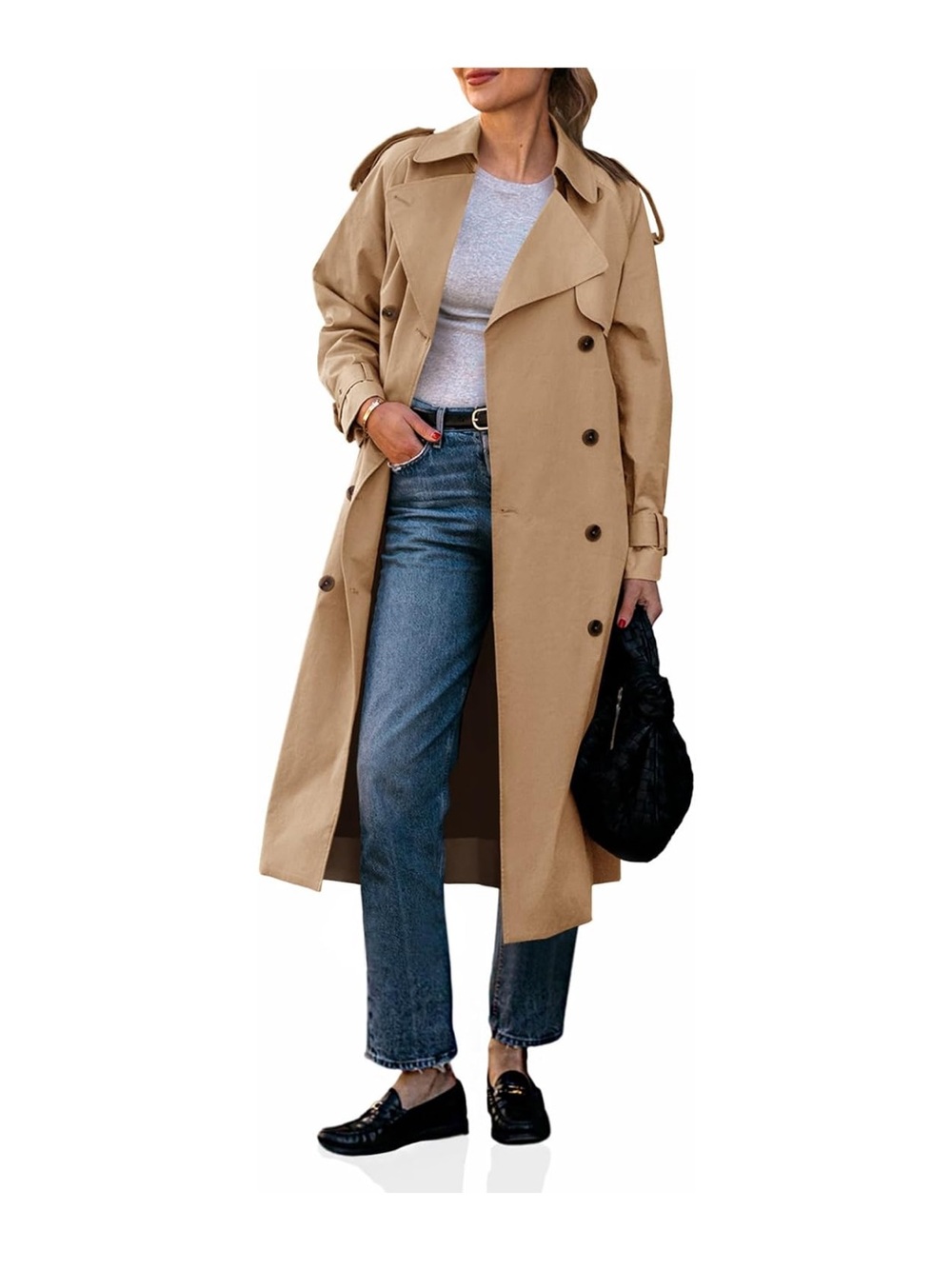 Women's Long Trench Coat Double Breasted Notch Lapel with Belt Waterproof